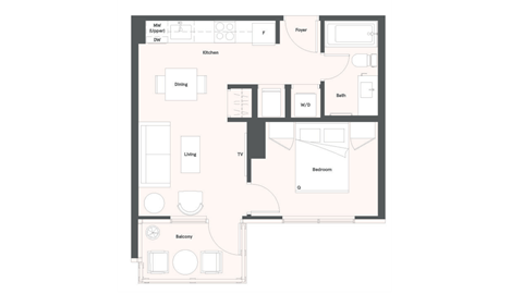 Floor plan for 1 bed, 1 bath, 454 sqft